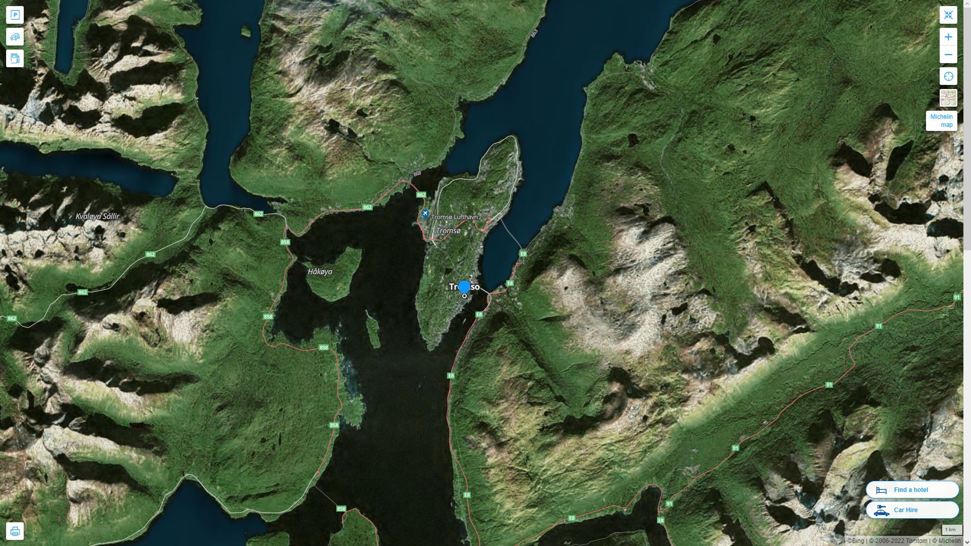 Tromso Highway and Road Map with Satellite View